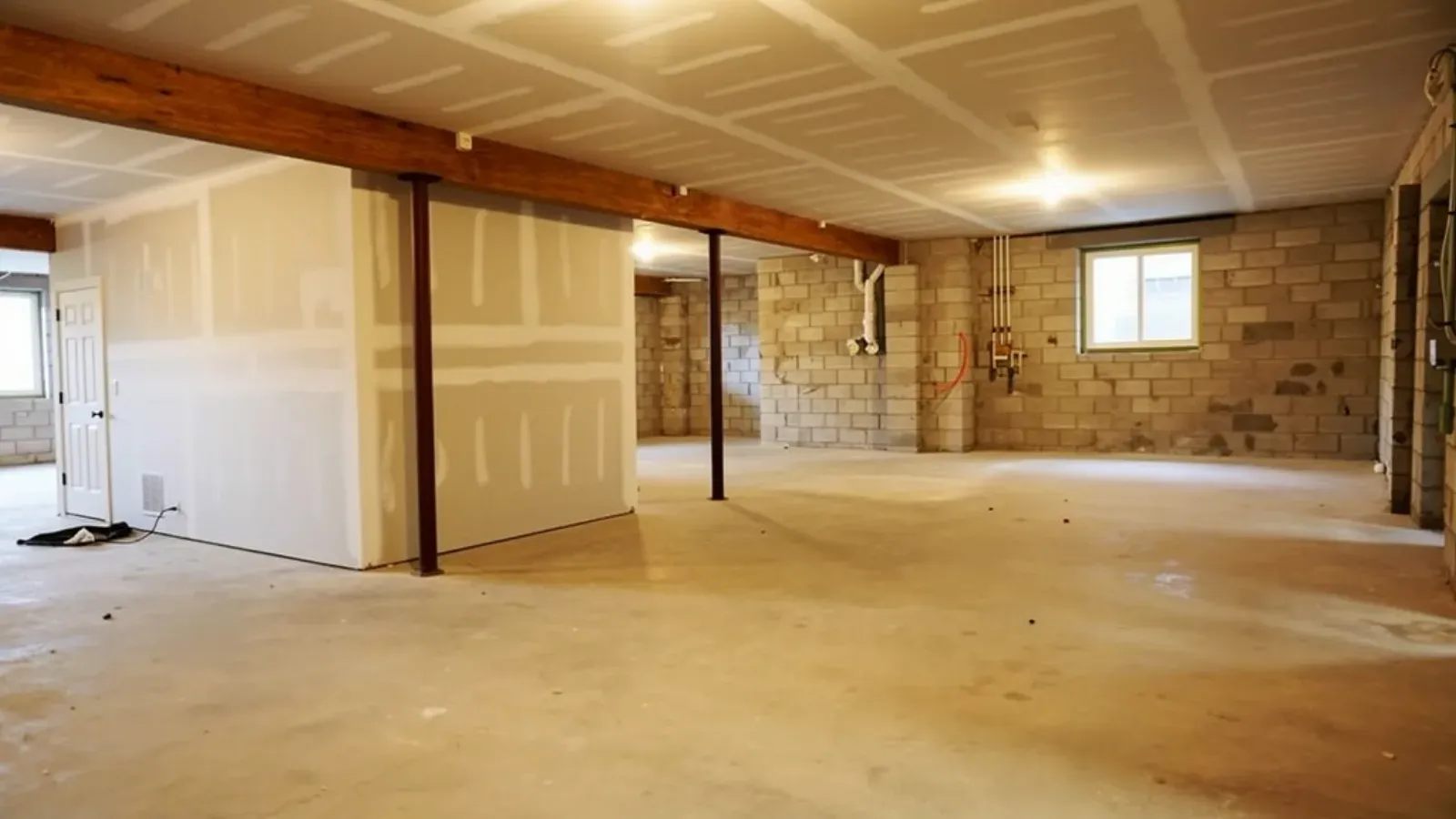 An open basement interior with a newly drywalled partition wall, its seams taped and coated, under a taped drywall ceiling