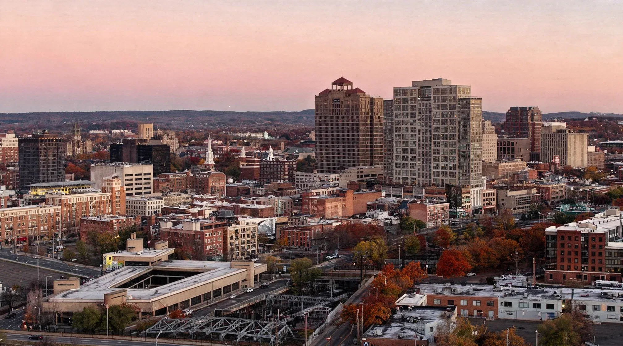 Aerial view of downtown New Haven, Connecticut at dusk