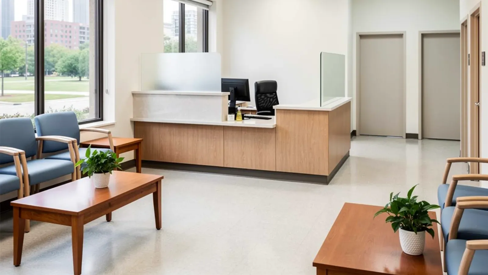 A medical office waiting area with a reception desk behind a privacy screen and upholstered waiting chairs by a window wall
