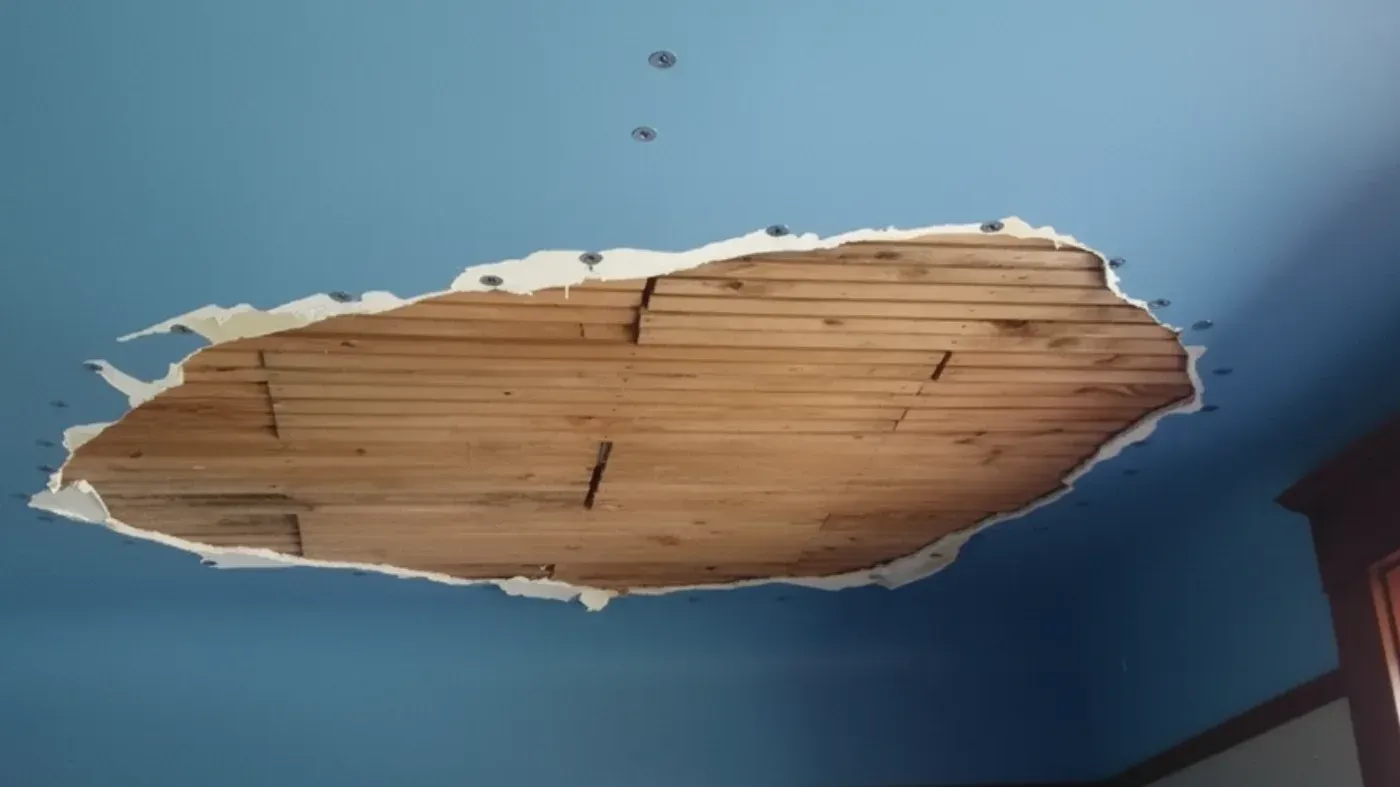 Plaster missing from a painted ceiling to expose the wood lath beneath, with plaster washers set around the edge of the opening