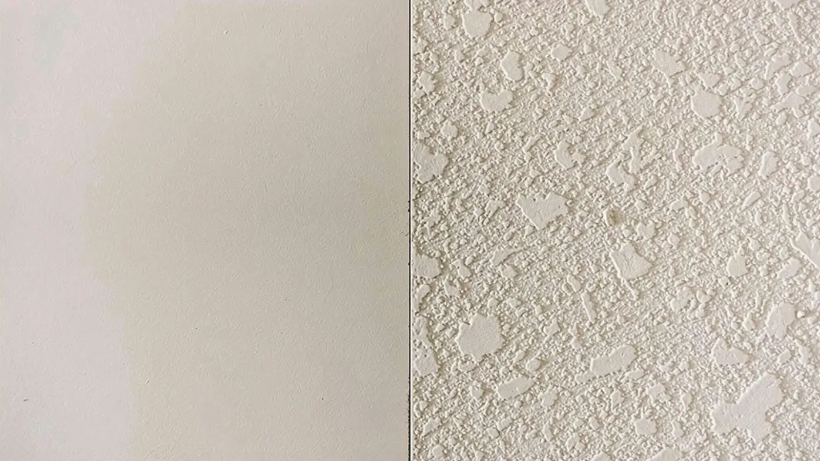 A smooth flat wall finish meeting a heavy knockdown texture along a straight vertical line